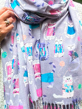 Ladies Cat Kitten Print GREY Warm Tasseled Scarf