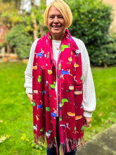 Ladies Dog Puppy Print RED Warm Tasseled Scarf