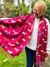 Ladies Dog Puppy Print RED Warm Tasseled Scarf