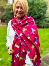 Ladies Dog Puppy Print RED Warm Tasseled Scarf