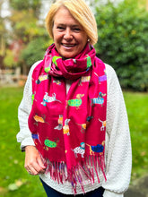 Ladies Dog Puppy Print RED Warm Tasseled Scarf