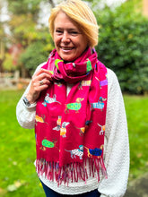 Ladies Dog Puppy Print RED Warm Tasseled Scarf