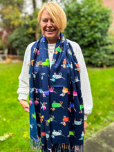 Ladies Dog Puppy Print NAVY BLUE Warm Tasseled Scarf