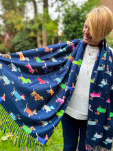 Ladies Dog Puppy Print NAVY BLUE Warm Tasseled Scarf