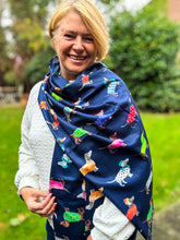 Ladies Dog Puppy Print NAVY BLUE Warm Tasseled Scarf