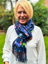 Ladies Dog Puppy Print NAVY BLUE Warm Tasseled Scarf