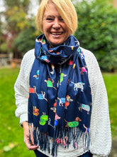 Ladies Dog Puppy Print NAVY BLUE Warm Tasseled Scarf