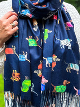 Ladies Dog Puppy Print NAVY BLUE Warm Tasseled Scarf