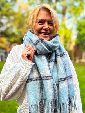 Thick Wool Blend Check Tassel Pashmina Winter Scarf - BLUE