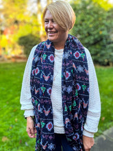 Ladies Christmas Fairisle Reindeer Snowflake Print Fashion Scarf - NAVY BLUE