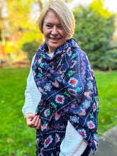 Ladies Christmas Fairisle Reindeer Snowflake Print Fashion Scarf - NAVY BLUE