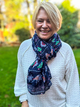 Ladies Christmas Fairisle Reindeer Snowflake Print Fashion Scarf - NAVY BLUE