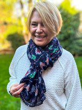 Ladies Christmas Fairisle Reindeer Snowflake Print Fashion Scarf - NAVY BLUE