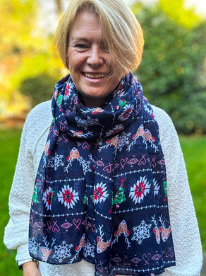 Ladies Christmas Fairisle Reindeer Snowflake Print Fashion Scarf - NAVY BLUE