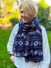 Ladies Christmas Fairisle Reindeer Snowflake Print Fashion Scarf - NAVY BLUE