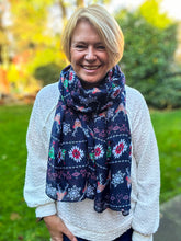 Ladies Christmas Fairisle Reindeer Snowflake Print Fashion Scarf - NAVY BLUE