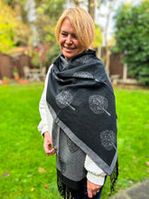 Ladies Thick Tree of Life Reversible Tasseled Pashmina Scarf - Black and Grey
