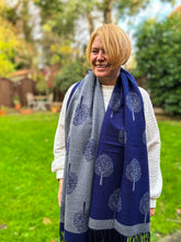 Ladies Thick Tree of Life Reversible Tasseled Pashmina Scarf - Navy Blue and Grey