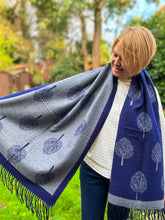 Ladies Thick Tree of Life Reversible Tasseled Pashmina Scarf - Navy Blue and Grey