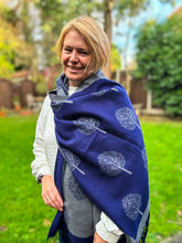 Ladies Thick Tree of Life Reversible Tasseled Pashmina Scarf - Navy Blue and Grey