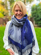 Ladies Thick Tree of Life Reversible Tasseled Pashmina Scarf - Navy Blue and Grey