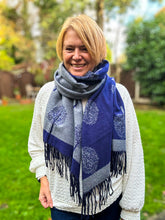 Ladies Thick Tree of Life Reversible Tasseled Pashmina Scarf - Navy Blue and Grey