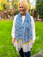 Ladies Little Leaves Floral Pattern Tassel Fashion Scarf - Denim Blue and Yellow