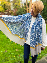 Ladies Little Leaves Floral Pattern Tassel Fashion Scarf - Denim Blue and Yellow