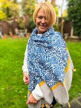 Ladies Little Leaves Floral Pattern Tassel Fashion Scarf - Denim Blue and Yellow