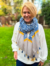 Ladies Little Leaves Floral Pattern Tassel Fashion Scarf - Denim Blue and Yellow