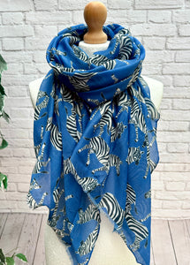 Ladies BLUE Zebra Animal Print Fashion Scarf