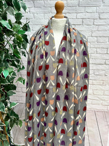 Ladies Red Peach Purple Sweet Tulips Print GREY Fashion Scarf