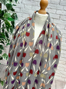 Ladies Red Peach Purple Sweet Tulips Print GREY Fashion Scarf