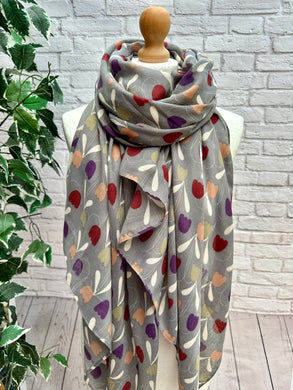 Ladies Red Peach Purple Sweet Tulips Print GREY Fashion Scarf