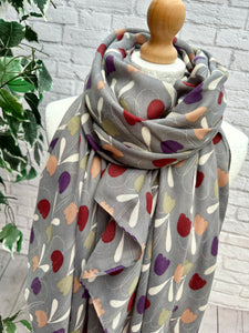 Ladies Red Peach Purple Sweet Tulips Print GREY Fashion Scarf