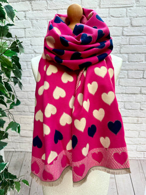 Thick Reversible Love Hearts PINK CREAM NAVY BLUE Pashmina Winter Scarf