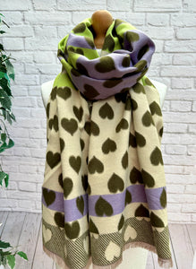 Thick Reversible Love Hearts KHAKI GREEN CREAM LILAC Pashmina Winter Scarf