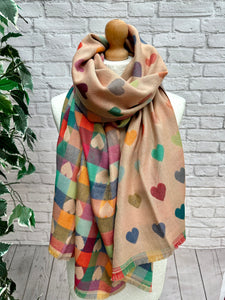 Thick Reversible Multi Coloured Love Hearts Checked BLUSH PINK Pashmina Winter Scarf