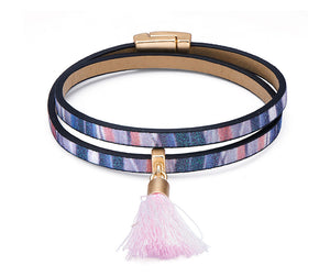 Ladies Girls Pink/Multi Coloured Leather Look Boho Tassel Bracelet