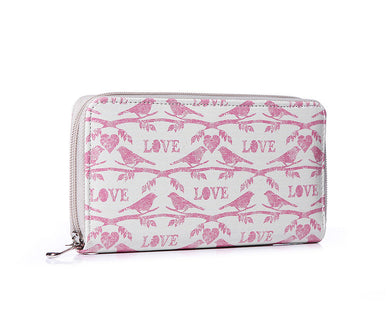 Ladies Large Faux Leather Love Birds Cream and Pink Zip Purse