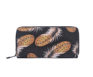 Ladies Colourful Feather Print Zip Purse - BLACK or RED