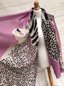Ladies Bold Tiger & Leopard Animal Print LILAC BLACK Fashion Scarf