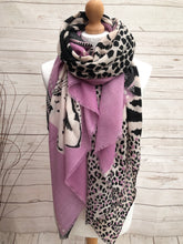 Ladies Bold Tiger & Leopard Animal Print LILAC BLACK Fashion Scarf