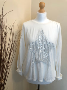 Ladies Oversized WHITE Quirky Sparkly Star Design Top - One Size 8 - 16