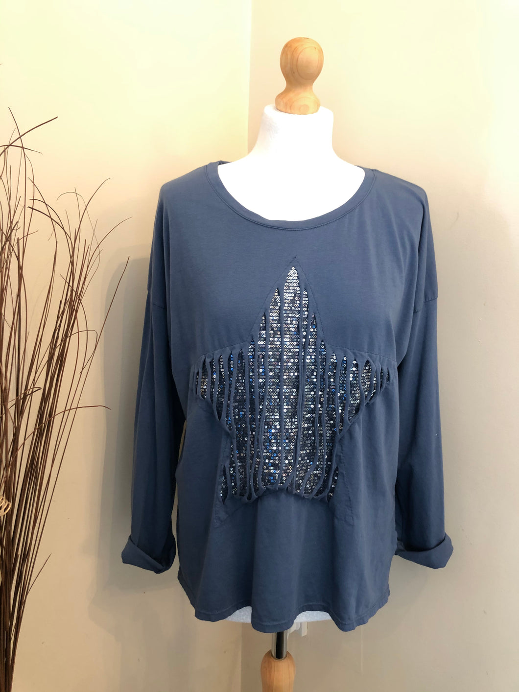 Ladies DENIM BLUE Oversized Quirky Sparkly Star Design Top - One Size 8 - 16