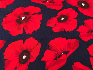 Ladies NAVY BLUE and RED Poppy Flower Print Frayed Edge Scarf