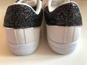 Ladies White Fashion Pumps with Black Glitter and Snake Skin Detail - Size 4 - 8