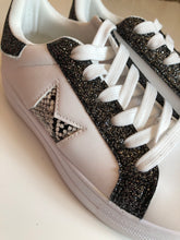 Ladies White Fashion Pumps with Black Glitter and Snake Skin Detail - Size 4 - 8