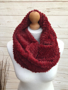 Ladies Girls Short Faux Fur Textured RED WINE Snood Soft Winter Infinity Scarf