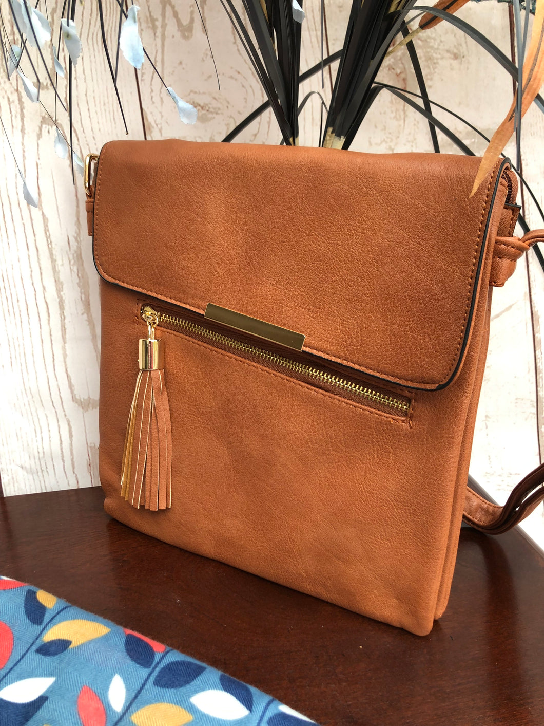 Ladies Crossbody Handbag with Zip and Tassel Detail - BROWN